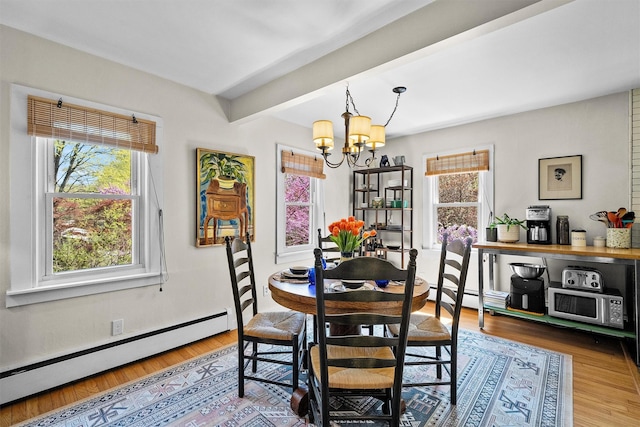 35 Riverview Trl, Croton-On-Hudson, NY 10520 - dining area with a baseboard radiator, healthy amount of natural light, a chandelier, beamed ceiling, and wood finished floors