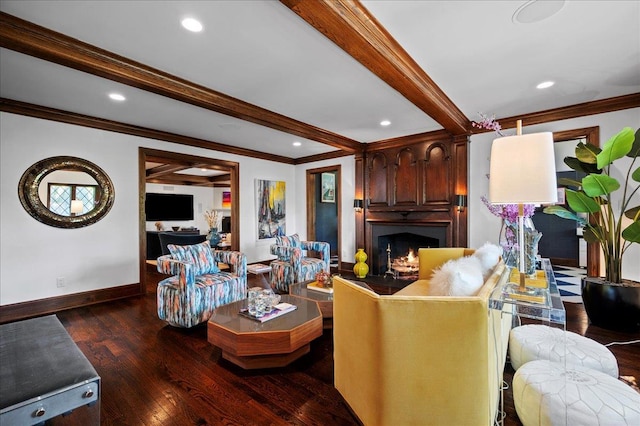living room with baseboards, ornamental molding, wood finished floors, and a large fireplace