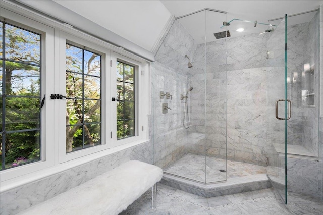 full bath featuring visible vents, marble finish floor, and a marble finish shower