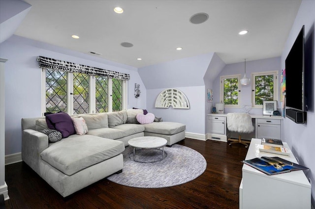 living room featuring visible vents, dark wood finished floors, baseboards, lofted ceiling, and recessed lighting