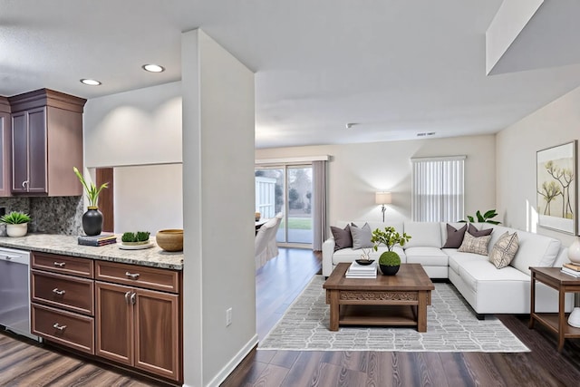 903 Sara Cir Unit 903, Port Jefferson Station, NY 11776 - living area featuring healthy amount of natural light, dark wood-style floors, recessed lighting, and baseboards