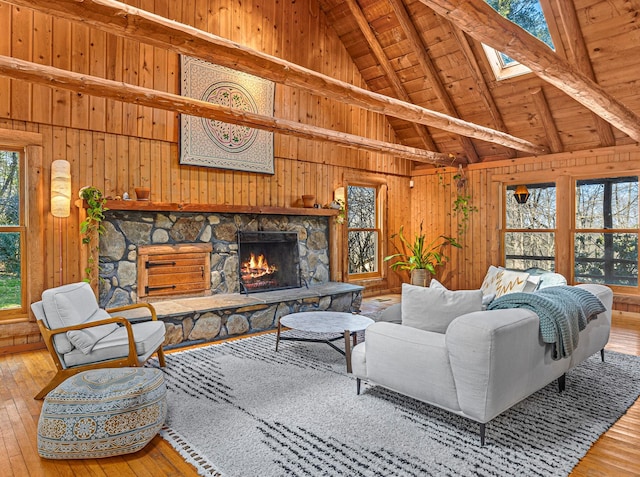 79 Torre Rock Rd, Red Hook, NY 12571 - living room featuring wood-type flooring, wood walls, a wood ceiling with exposed beams, a skylight, and a stone fireplace