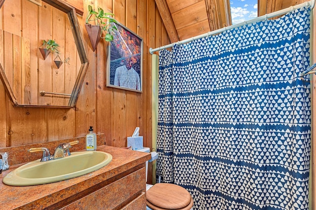 79 Torre Rock Rd, Red Hook, NY 12571 - bathroom with wooden walls, vanity, and a shower with curtain