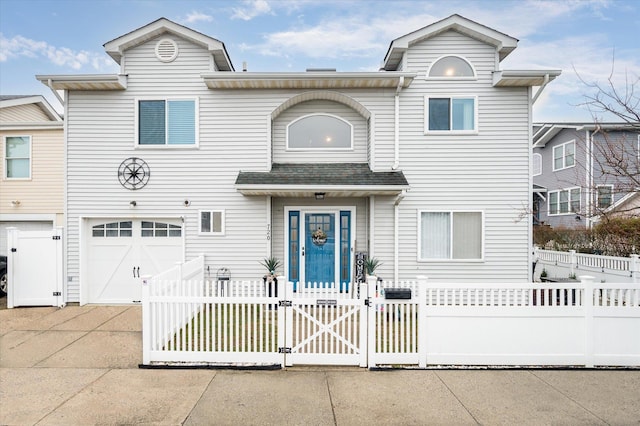 720 W Park Ave, Long Beach, NY 11561 - view of front facade with concrete driveway, roof with shingles, an attached garage, a fenced front yard, and a gate