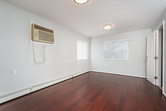 720 W Park Ave, Long Beach, NY 11561 - unfurnished bedroom with baseboard heating, a wall mounted air conditioner, wood-type flooring, and baseboards