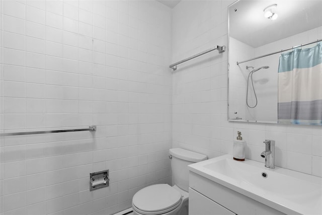 full bathroom featuring tile walls, toilet, vanity, and a shower with curtain