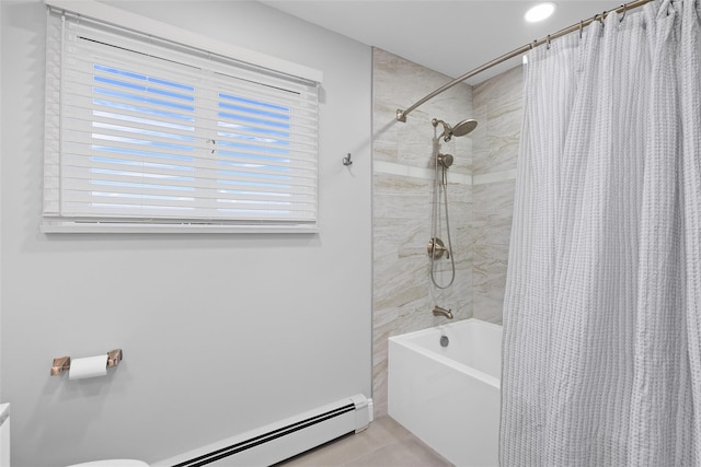 full bath featuring toilet, shower / bathtub combination with curtain, and a healthy amount of sunlight