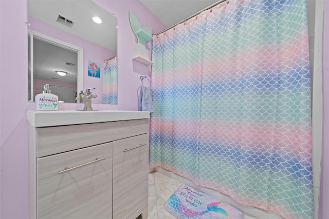 bathroom featuring vanity, visible vents, marble finish floor, and a shower with curtain