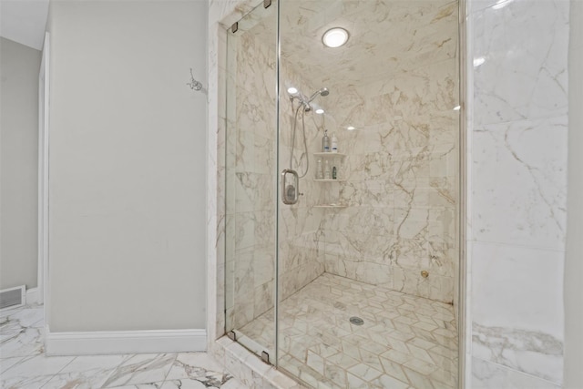 full bath featuring visible vents, marble finish floor, baseboards, and a marble finish shower