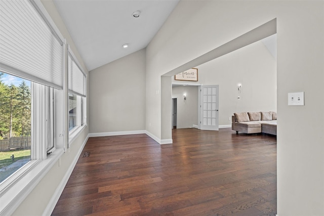 interior space featuring a healthy amount of sunlight, wood finished floors, and high vaulted ceiling