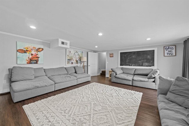 living area with ornamental molding, recessed lighting, and dark wood finished floors