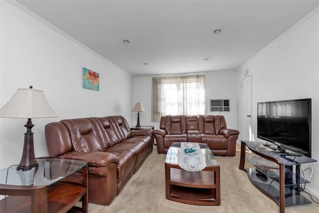 living area featuring light carpet and ornamental molding