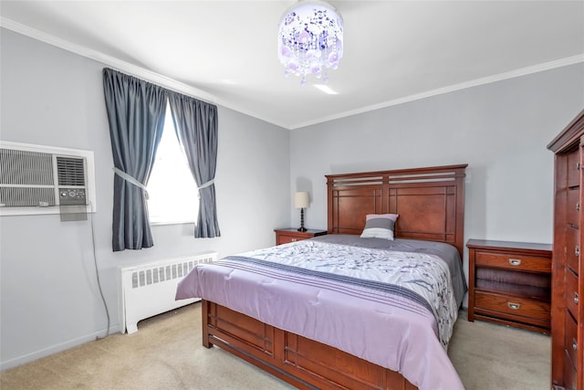 bedroom featuring a wall mounted air conditioner, light colored carpet, crown molding, and radiator