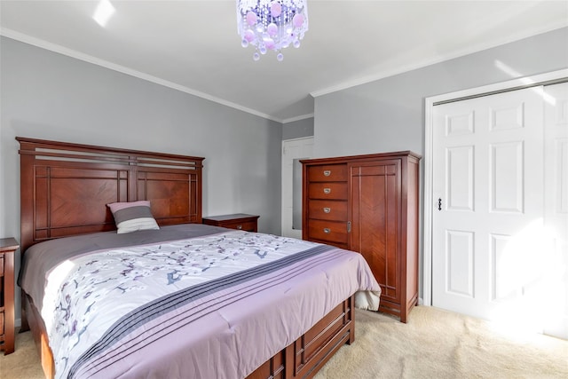 bedroom featuring light carpet and ornamental molding