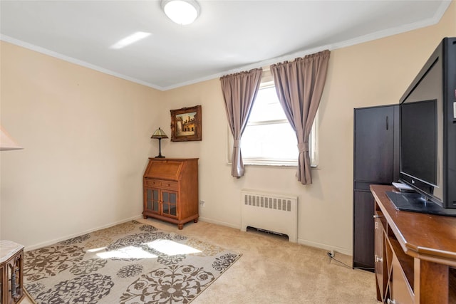 interior space featuring radiator heating unit, baseboards, light colored carpet, and ornamental molding