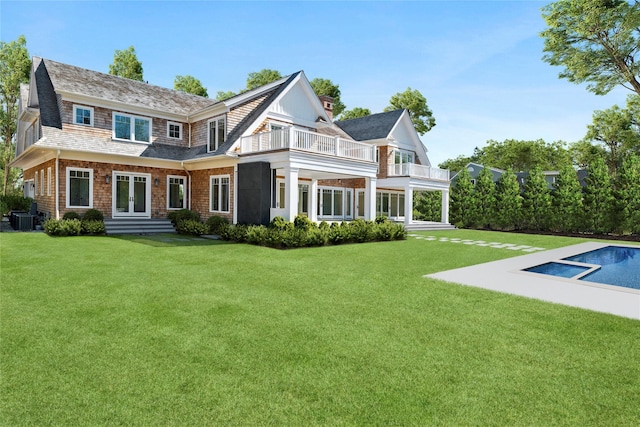 25 Fresh Pond Rd, North Haven, NY 11963 - back of property featuring a balcony, an outdoor pool, cooling unit, french doors, and a yard