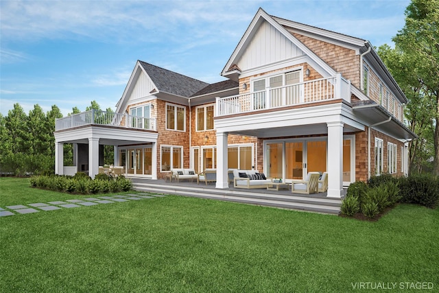 25 Fresh Pond Rd, North Haven, NY 11963 - rear view of property with an outdoor living space, a patio area, board and batten siding, a balcony, and a lawn