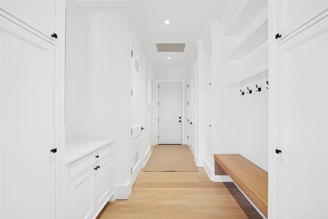 25 Fresh Pond Rd, North Haven, NY 11963 - mudroom with light wood-style flooring, visible vents, recessed lighting, and crown molding