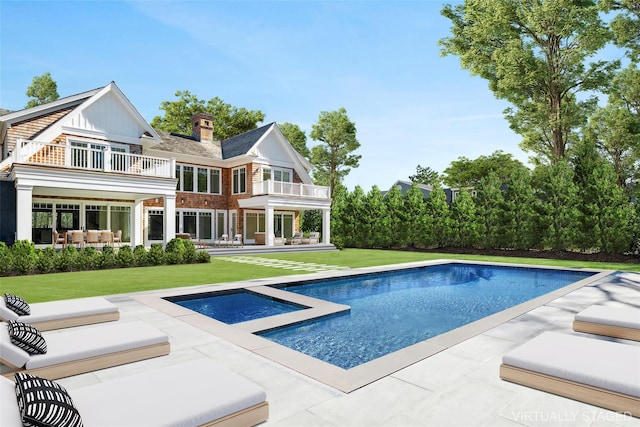 25 Fresh Pond Rd, North Haven, NY 11963 - rear view of house with a balcony, a lawn, an outdoor pool, and a patio