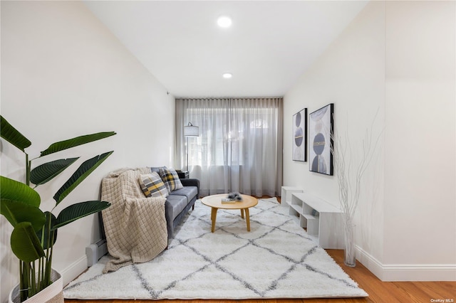 living room featuring baseboards, light wood-type flooring, and recessed lighting