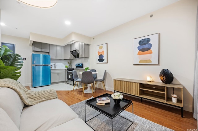 living area featuring light wood finished floors and baseboards