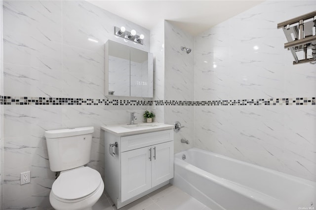 full bathroom featuring marble finish floor, toilet, shower / bathing tub combination, and vanity