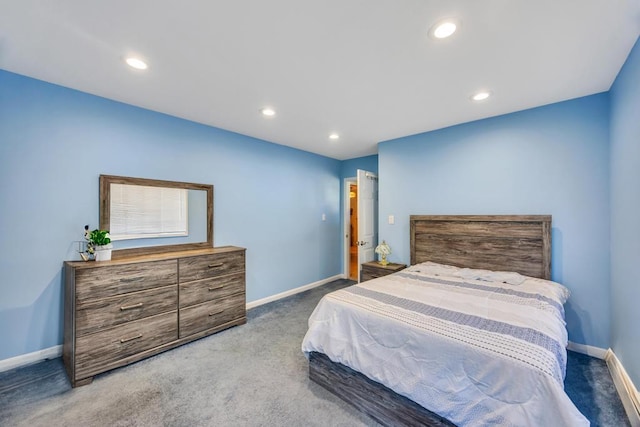 carpeted bedroom with recessed lighting and baseboards