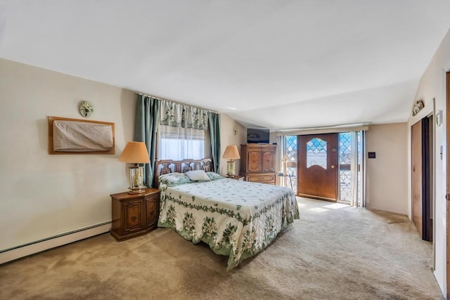 bedroom with light carpet, multiple windows, and a baseboard radiator