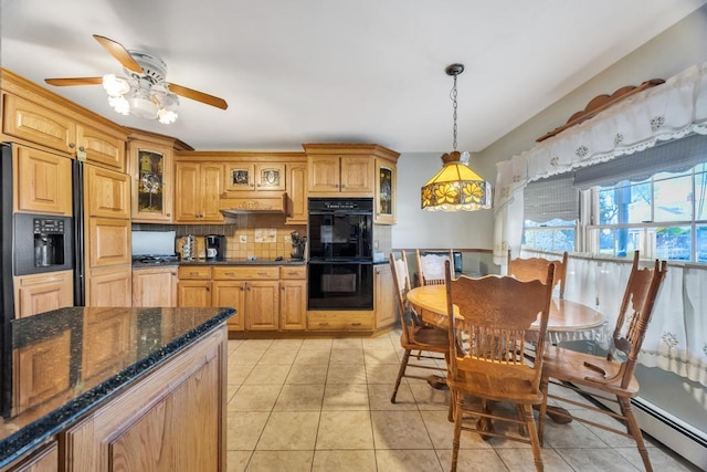 38 Cliff Ln, Levittown, NY 11756 - kitchen featuring black appliances, ceiling fan, tasteful backsplash, glass insert cabinets, and custom range hood