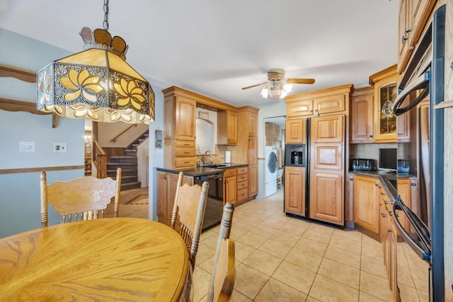 38 Cliff Ln, Levittown, NY 11756 - kitchen with dark countertops, dishwasher, decorative backsplash, and a ceiling fan