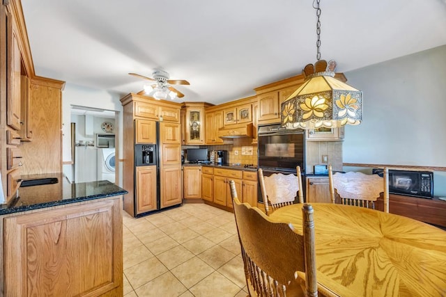 38 Cliff Ln, Levittown, NY 11756 - kitchen featuring black appliances, backsplash, light tile patterned floors, a ceiling fan, and decorative light fixtures