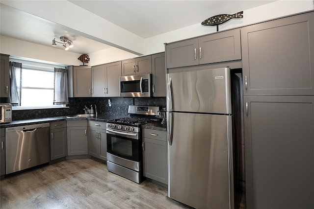 kitchen with backsplash, a sink, appliances with stainless steel finishes, gray cabinetry, and light wood-style floors