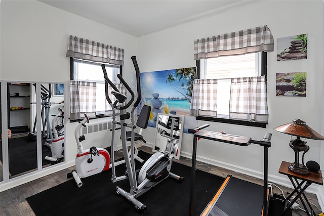 workout area with baseboards and wood finished floors