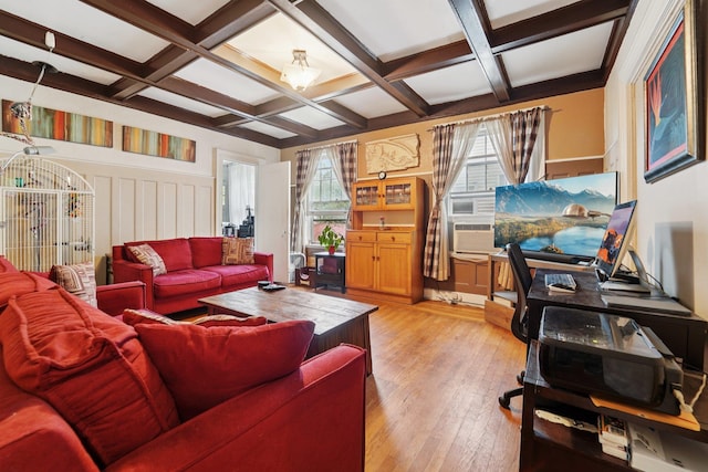 227 Valentine Ln, Yonkers, NY 10705 - living room featuring coffered ceiling, beamed ceiling, light wood finished floors, and a wainscoted wall