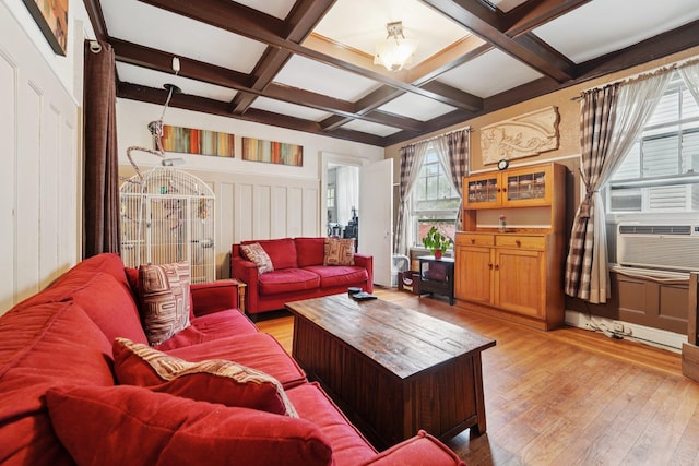 227 Valentine Ln, Yonkers, NY 10705 - living area featuring coffered ceiling, beamed ceiling, light wood finished floors, cooling unit, and a decorative wall