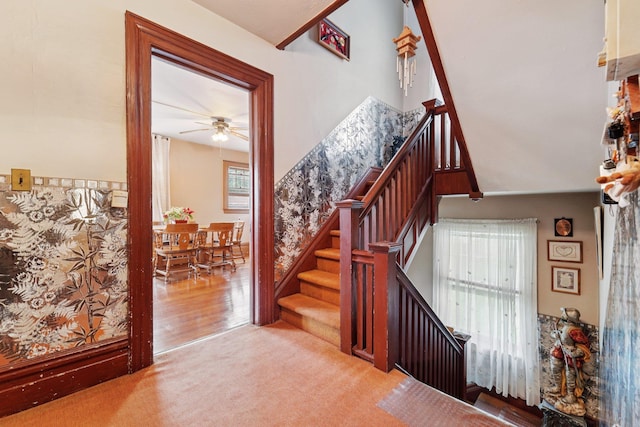 227 Valentine Ln, Yonkers, NY 10705 - stairs with a ceiling fan and carpet