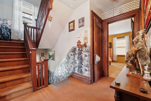 227 Valentine Ln, Yonkers, NY 10705 - staircase featuring carpet flooring and lofted ceiling