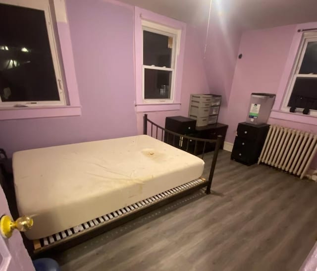 bedroom with radiator heating unit and wood finished floors