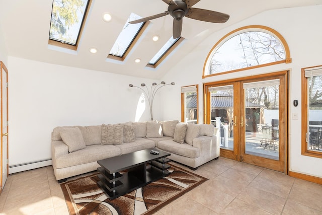 living area featuring ceiling fan, high vaulted ceiling, light tile patterned floors, and a baseboard radiator