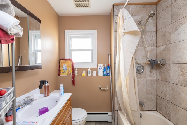 full bath with visible vents, toilet, vanity, shower / bath combination with curtain, and a baseboard heating unit
