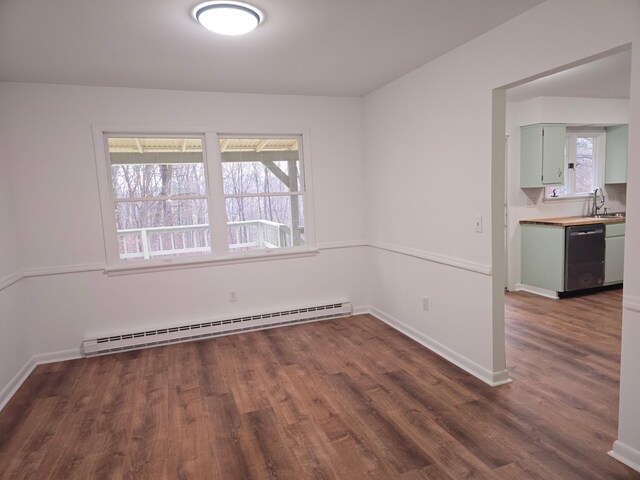51 Glenerie Ln, Saugerties, NY 12477 - unfurnished room featuring a baseboard heating unit, dark wood-type flooring, a sink, and baseboards