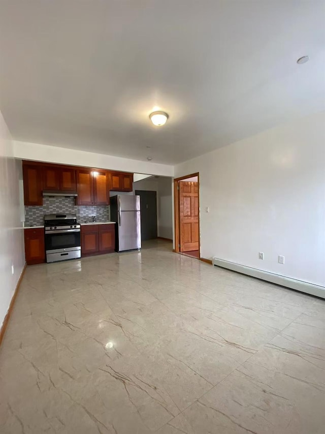 4239 Judge St Unit 2A, Elmhurst, NY 11373 - kitchen featuring stainless steel appliances, backsplash, a baseboard radiator, baseboards, and light marble finish floors