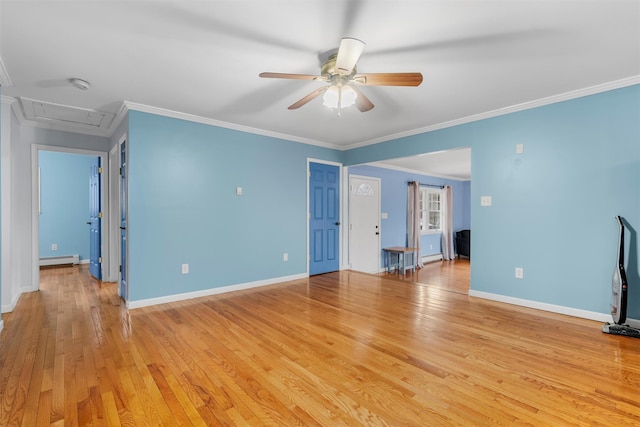 24 Patricia Ln, Washingtonville, NY 10992 - unfurnished living room with a baseboard radiator, light wood-style flooring, baseboards, and a ceiling fan