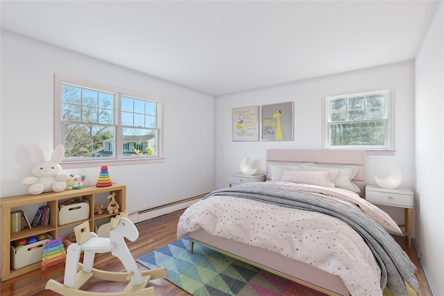 bedroom with wood finished floors and baseboard heating