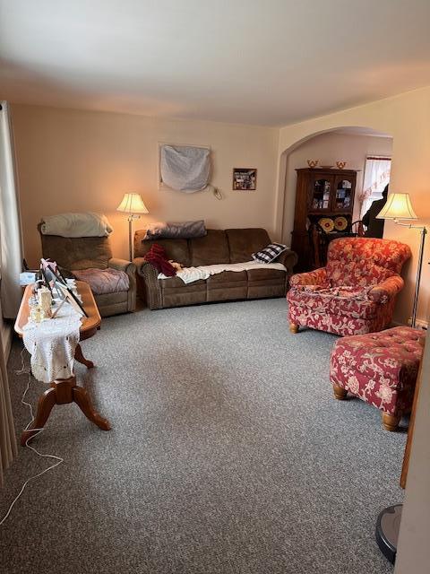 carpeted living area featuring arched walkways