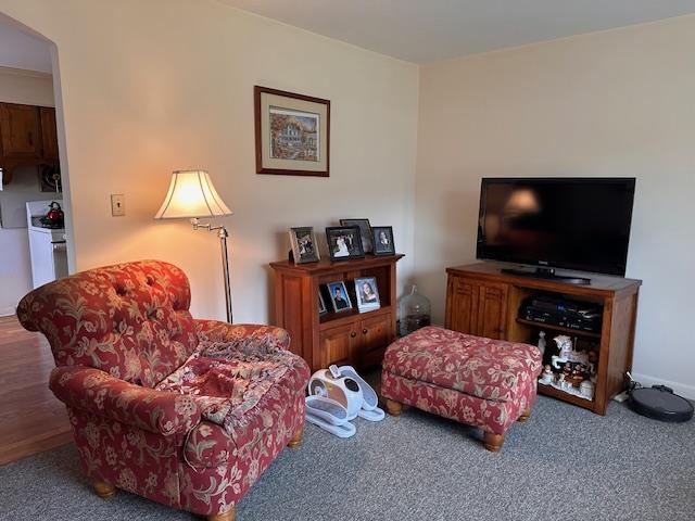 living area with arched walkways and carpet