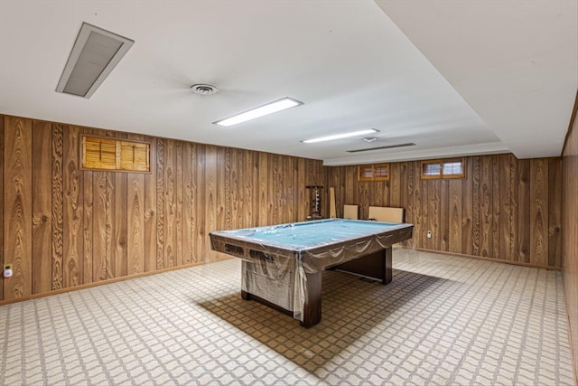 recreation room featuring baseboards, billiards, wooden walls, and visible vents
