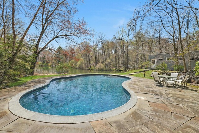 pool with a water view and a patio area
