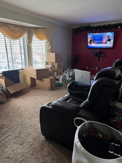 carpeted home theater featuring crown molding