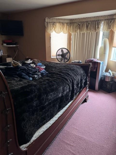 bedroom with light colored carpet